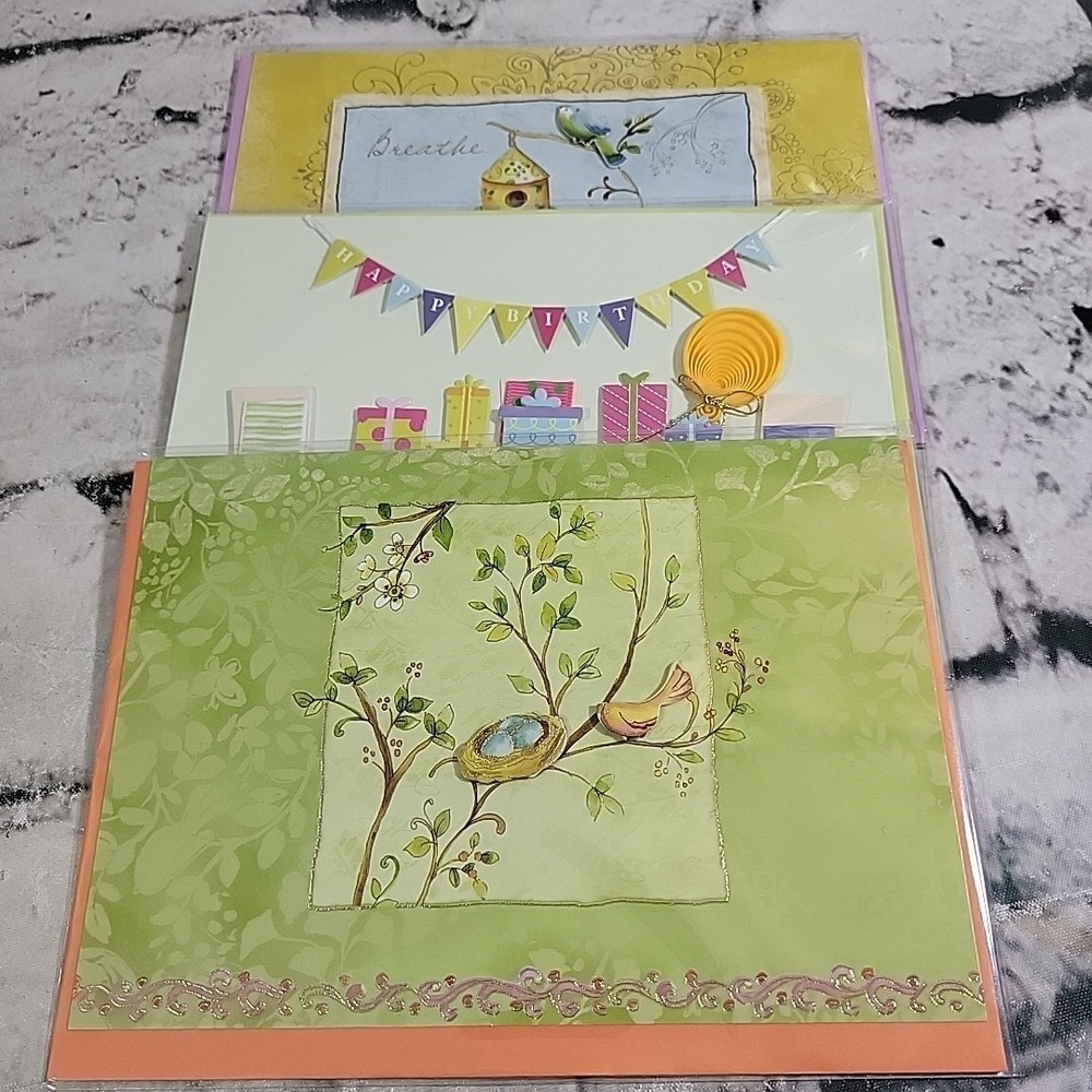 New Greeting Cards Lot Of 3 With 3D Accents Happy Birthday Blank Inside Sealed
